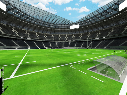 3D render of a round rugby stadium with  black seats and VIP boxes