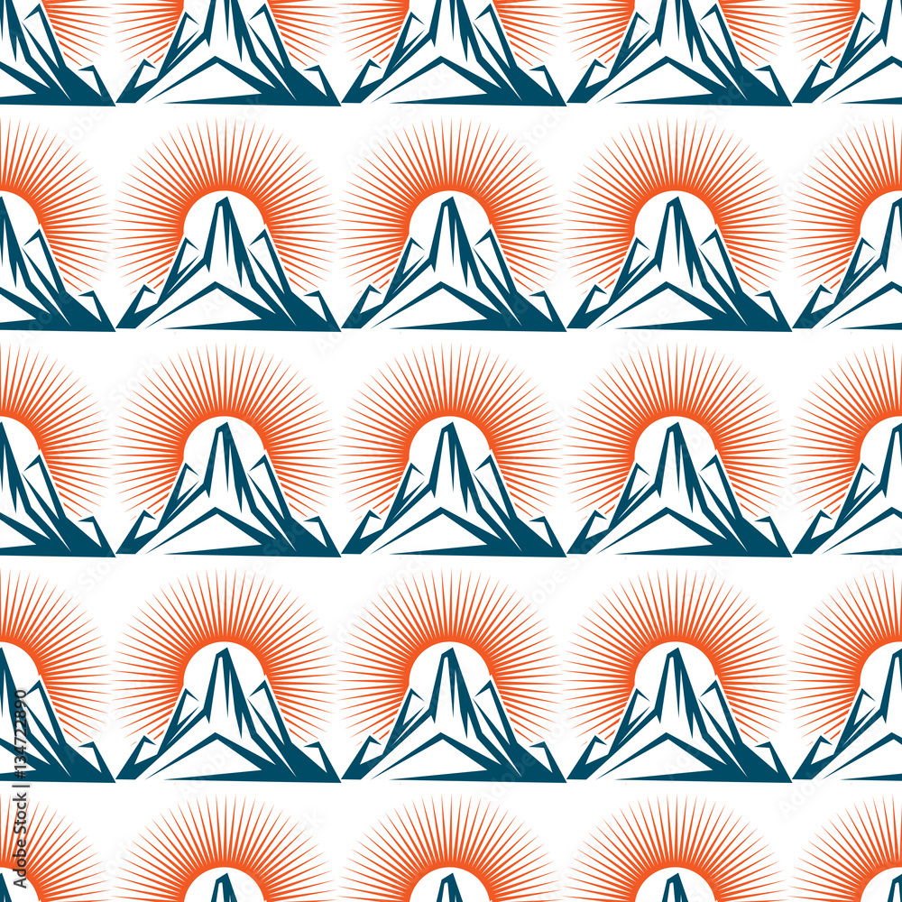 Obraz premium Seamless pattern with mountain and sun. Vector nature background