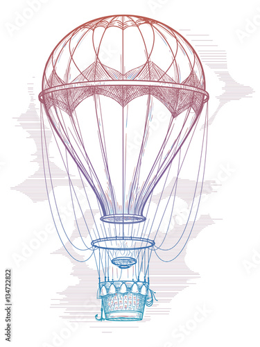 Hand drawn colorful hot air balloon isolated on white background. Vector vintage poster design