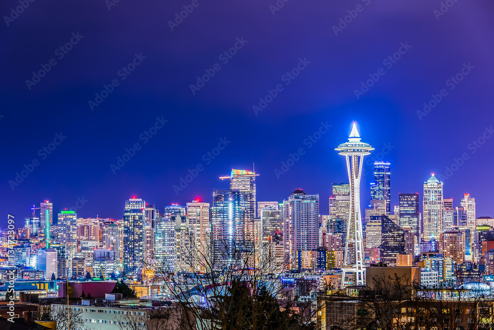 scenic view Seattle cityscape in the night time,Washington,USA.