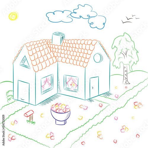 Colorful Hand Drawn Country House in Doodle Style. Children Drawings of House with Flowerbed and Birch. Vector Illustration