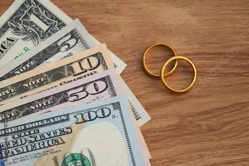 Wallpaper Mural Golden wedding rings on Dollar banknotes cash background. Marriage of convenience Torontodigital.ca