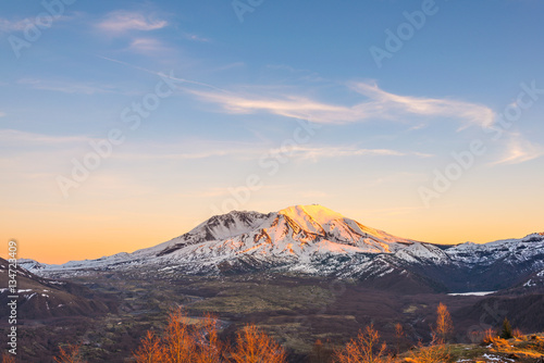 scenic view of mt st Helens with snow covered in winter when sunset.