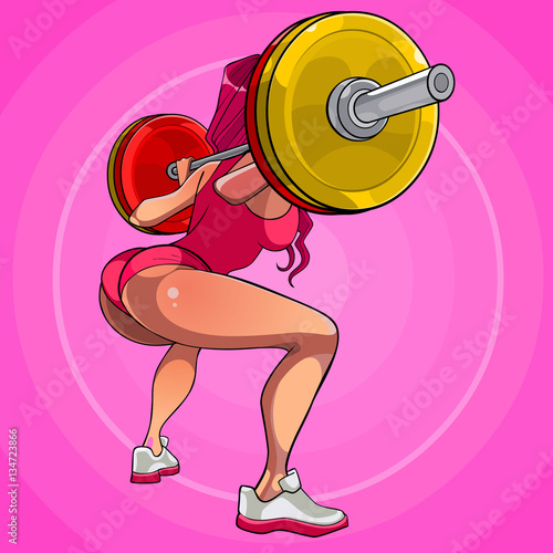 cartoon sexy woman squatting with a barbell