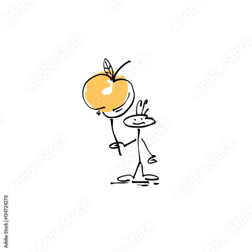 hand drawing sketch human smile stick figure with apple