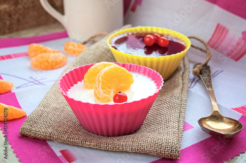 Panna Cotta and fruit jelly selective focus photo