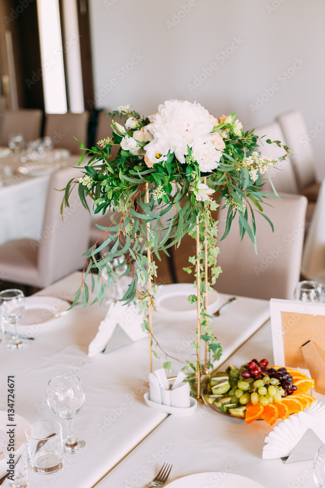 Flowers Of Roses And Peonies On Table. Decoration For Wedding Celebration Flowers Of Roses And Peonies On Table. Decoration For Wedding Celebration
