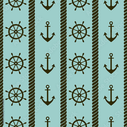 Vector seamless pattern with anchor, steering wheel and rope. Creative geometric symmetrical background, nautical theme. Blue Graphic illustration.