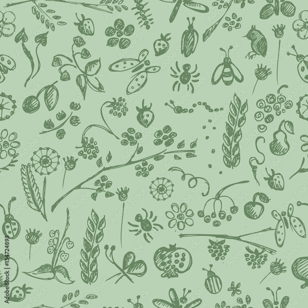 Seamless vector pattern, background with hand drawn cute insects, animals, fruits, flowers, leaves, decorative elements Hand sketch line drawing. doodle style Series of Hand Drawn seamless Patterns.