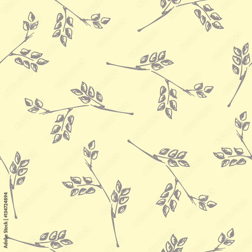 Seamless vector pattern, hand drawn background with branch and leaves. Hand sketch drawing. Doodle style. Series of Hand Drawn Patterns.