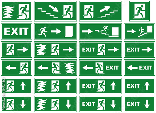 vector illustration symbol set of fire alarm plates / emergency exit signs. White silhouettes on green background of a person / man running away from flames towards an exit door on a fire emergency.