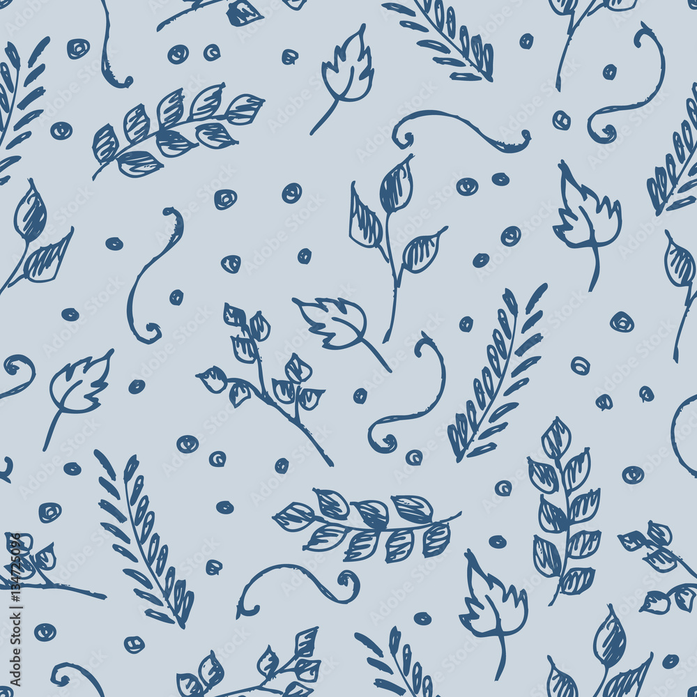 Obraz Seamless vector pattern, hand drawn background with flowers, branch, leaves, dots. Hand sketch drawing. Doodle funny style. Series of Hand Drawn seamless childish Patterns.