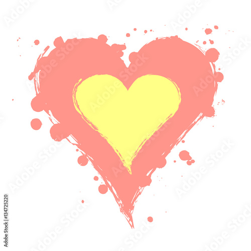 Vector graphic grunge illustration of heart sign with ink blot  brush strokes  drops isolated on the white background. Series of artistic illustration with splash  blots and brush strokes.