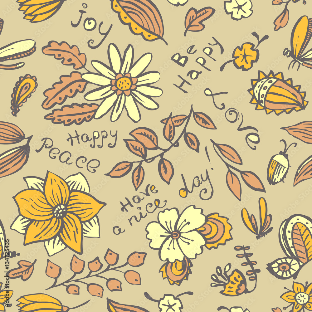 Vector floral seamless pattern with butterfly and dragonfly in doodle style