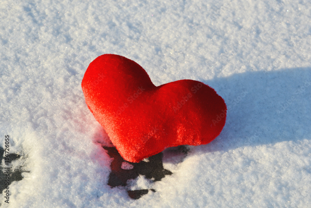 Single red heart with  shadow on the snow.
Red heart on the snow for valentine day.