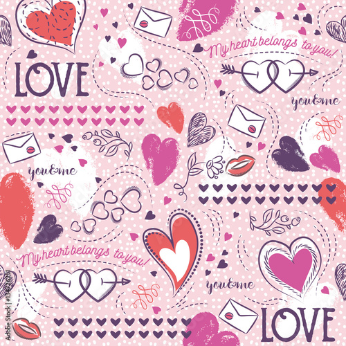 Pink seamless patterned background with, red  valentine hearts