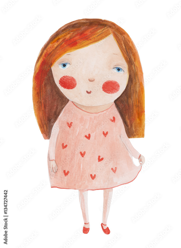 Girl in pink dress with hearts. Hand drawing watercolor illustration