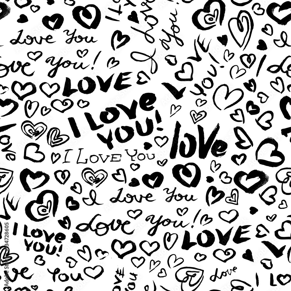 Valentine's day or wedding seamless pattern with hearts and I Love you lettering