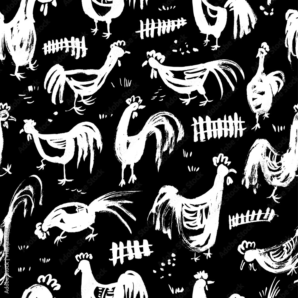 Obraz premium Seamless pattern with roosters. Ink artistic background with cocks