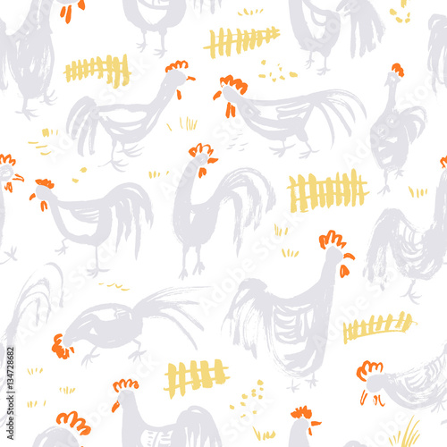 Seamless pattern with roosters. Ink artistic background with cocks © gollli