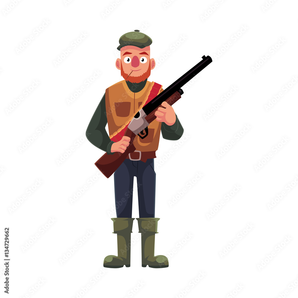 Funny male hunter in hunting vest and rubber boots holding a rifle, cartoon  vector illustration isolated on white background. Full length portrait of  typical duck hunter with a gun, rifle Stock Vector |