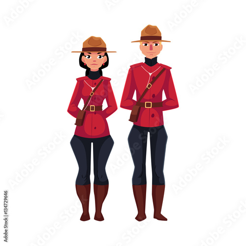 Canadian male and female policeman in traditional uniform - scarlet tunic and breeches, cartoon vector illustration isolated on white background. Couple of young Canadian mounted policemen