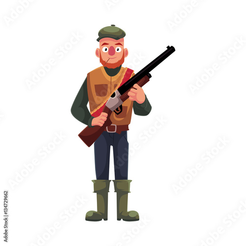 Funny male hunter in hunting vest and rubber boots holding a rifle, cartoon vector illustration isolated on white background. Full length portrait of typical duck hunter with a gun, rifle