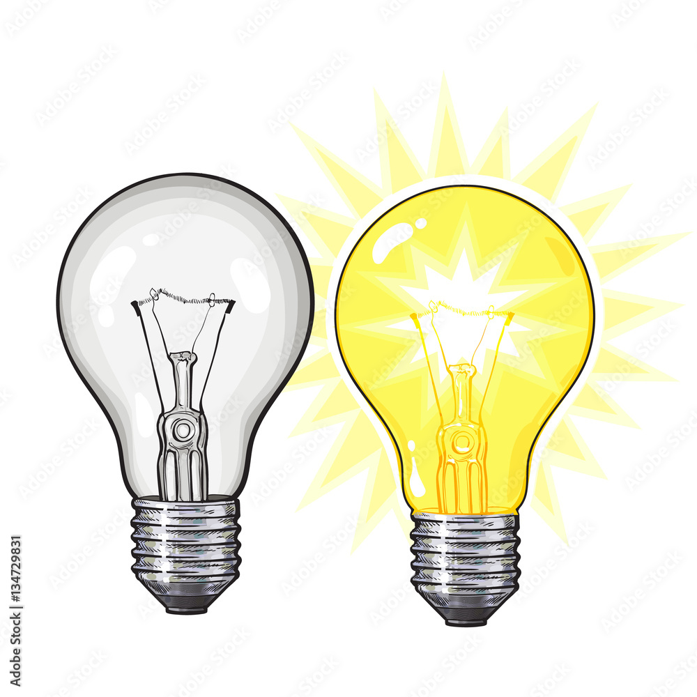 Two old-fashioned glowing tungsten light bulbs, glowing and unlit, sketch  vector illustration isolated on white background. Realistic hand drawing of  lit and unlit retro style tungsten light bulbs Stock Vector | Adobe