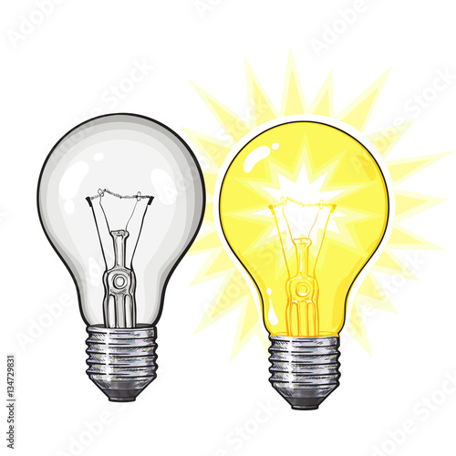 Two old-fashioned glowing tungsten light bulbs, glowing and unlit, sketch vector illustration isolated on white background. Realistic hand drawing of lit and unlit retro style tungsten light bulbs