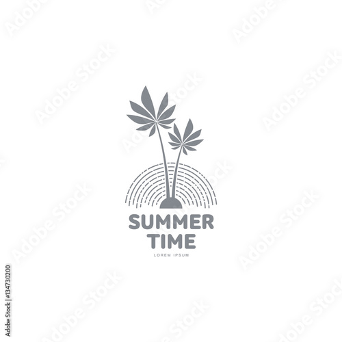 Black white, silhouette logo template with two palm trees and stylized sky, vector illustration isolated on white background. Black white summer time logotype, logo template with tropical palms