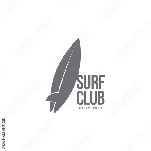 Black and white graphic surfing logo template with surfboard leaning on text, vector illustration isolated on white background. Graphic surfing board logotype, logo design