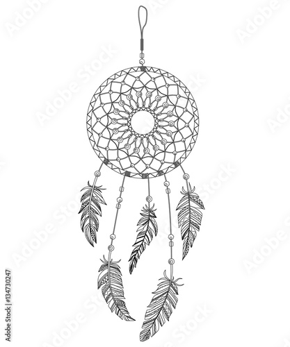 Dream catcher decorated with feathers and beads. Hand drawn vector illustration. Silhouette.