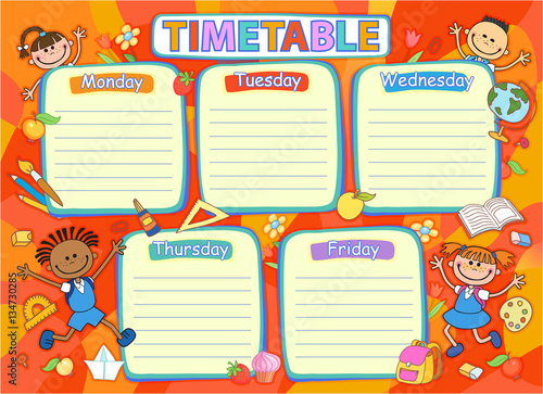 School timetable schedule, colorful vector illustration.