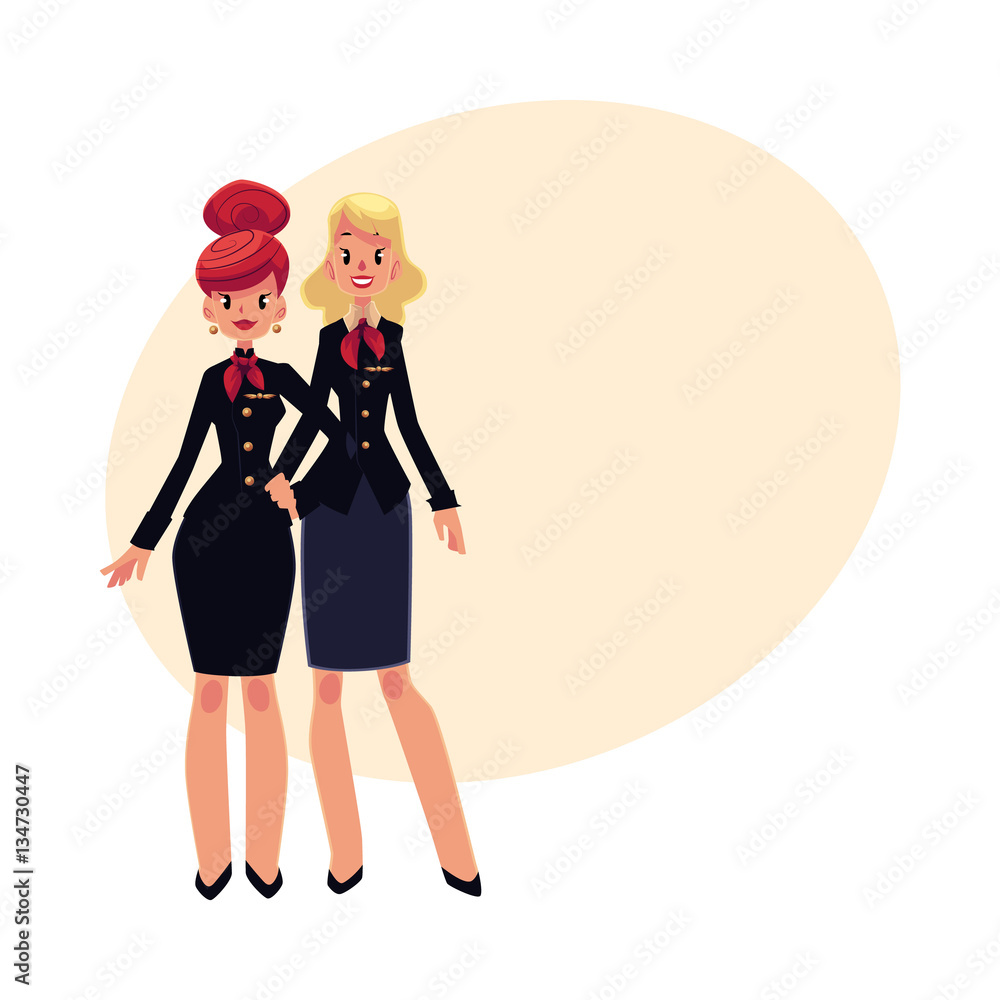 Full length portrait of beautiful two stewardess in black uniform, cartoon vector illustration isolated on white background. Cartoon air stewardess, cabin crew wearing black uniform and red tie Full length portrait of beautiful two stewardess in black uniform, cartoon vector illustration isolated on white background. Cartoon air stewardess, cabin crew wearing black uniform and red tie