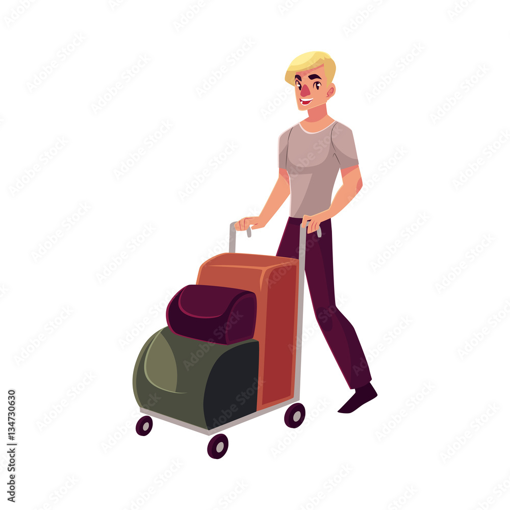 Young man pushing airport trolley with luggage, suitcases, bags, cartoon illustration isolated on white background. Young handsome man going on vacation, pushing luggage trolley in the airport Young man pushing airport trolley with luggage, suitcases, bags, cartoon illustration isolated on white background. Young handsome man going on vacation, pushing luggage trolley in the airport