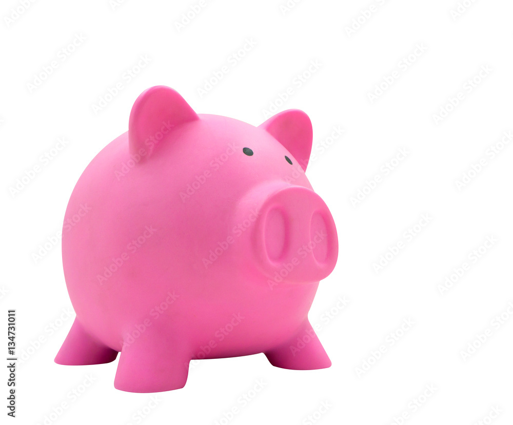 Side view of pink piggy bank made from plastic isolated