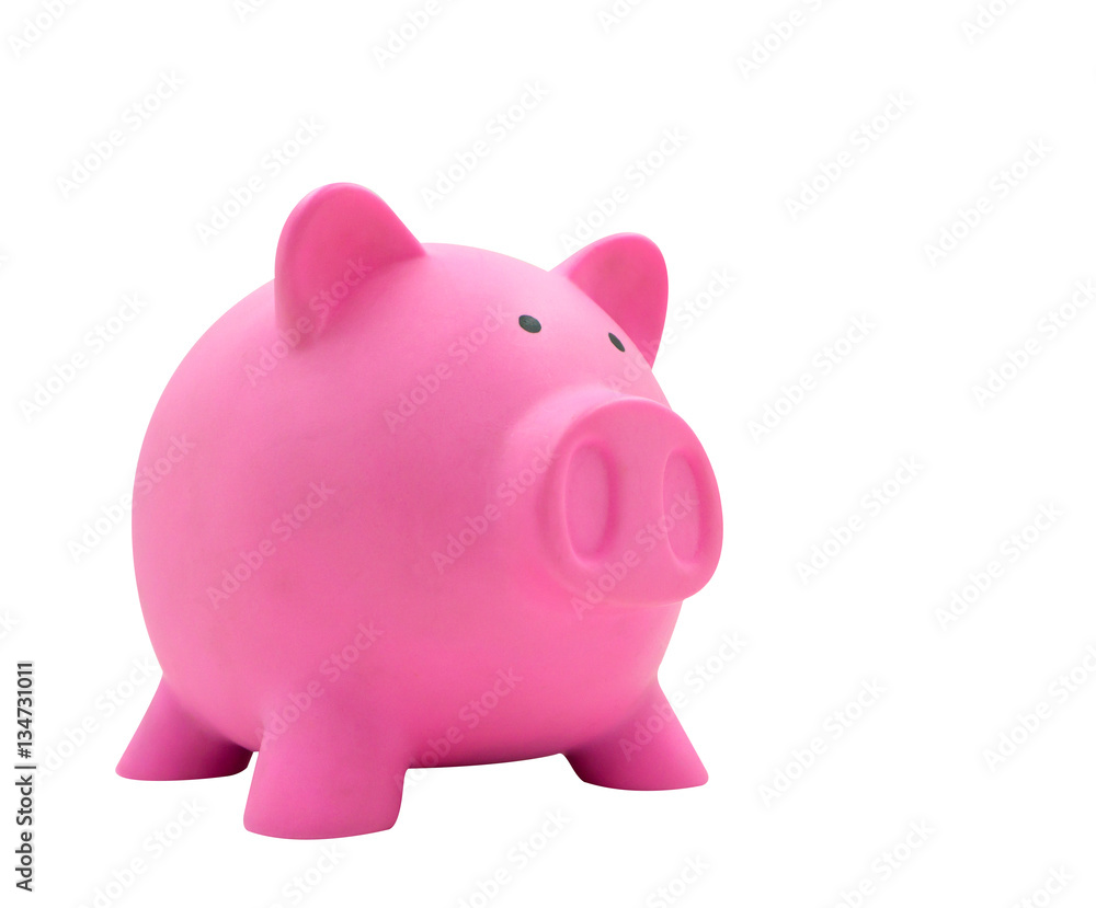 Obraz premium Side view of pink piggy bank made from plastic isolated