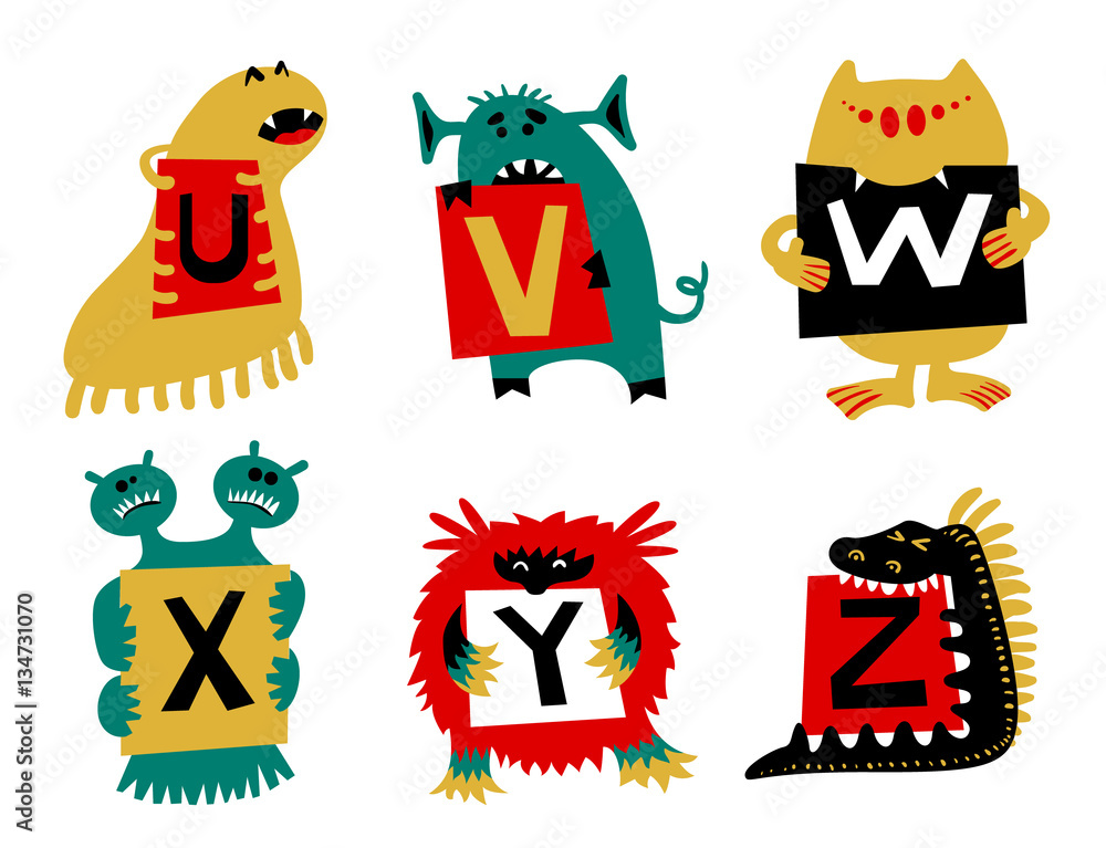 Kids alphabet with сcute colorful monsters or insects. Funny animals with letters