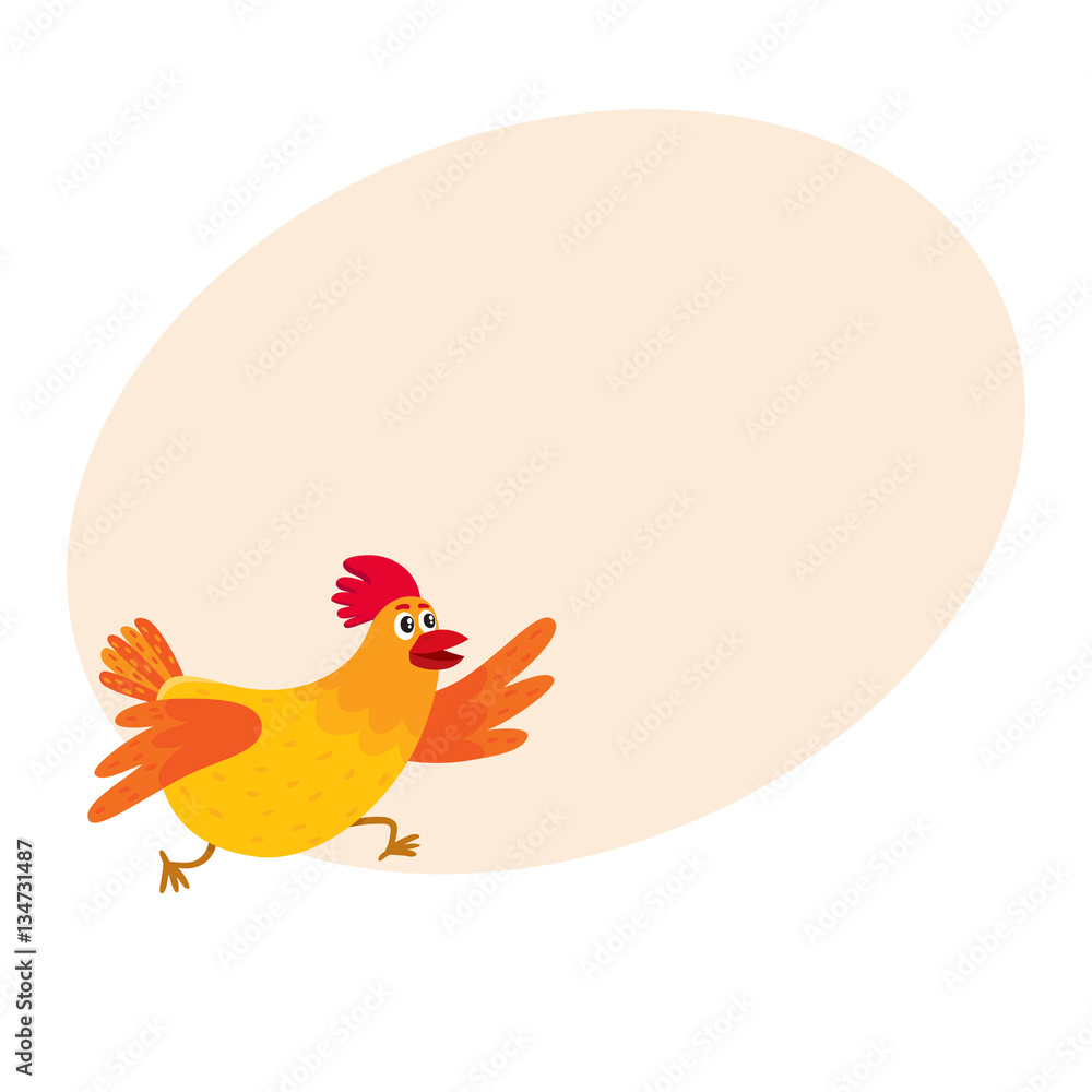 Funny cartoon red and orange chicken, hen rushing, hurrying somewhere,  cartoon vector illustration on background with place for text. Cute and  funny colorful chicken running somewhere enthusiastically Stock Vector |  Adobe Stock