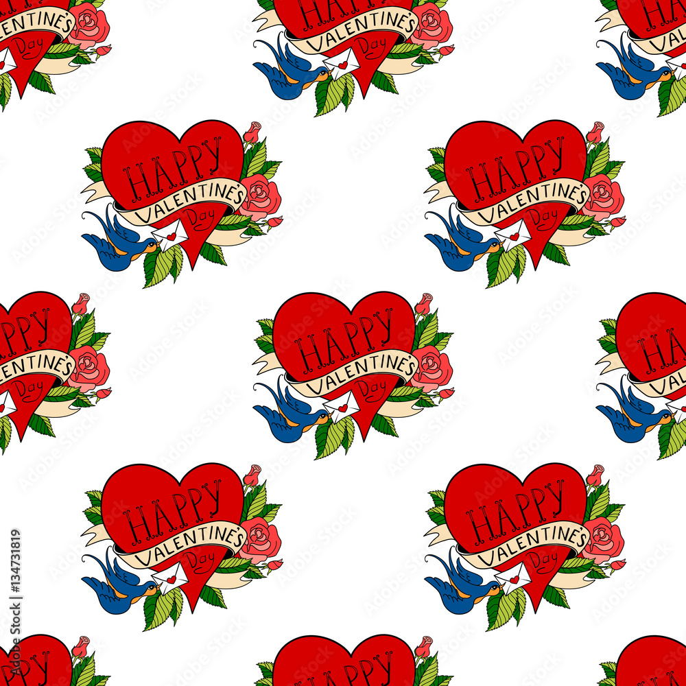 Seamless pattern with hearts in old school tattoo style. Valentines Day Romantic image vith letter on white background