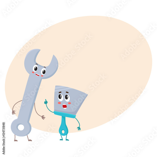 Funny hand trowel pointing up and wrench character listening, cartoon vector illustration on background with place for text. Comic style trowel and wrench, building, construction tool characters