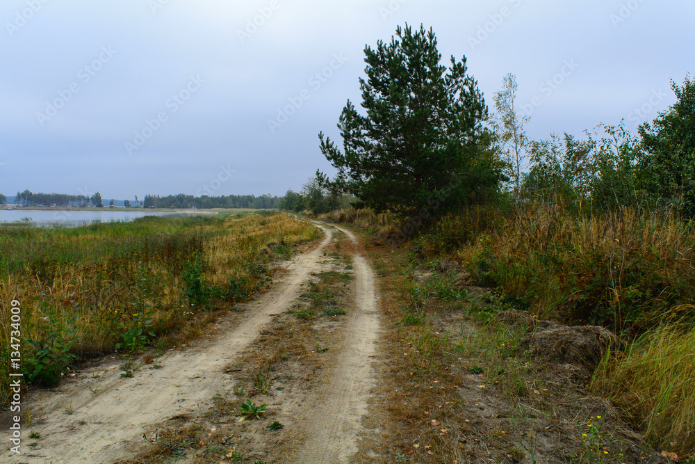 Sandy road around the lake, the fish grow, lake, agricultural enterprise, small business, Belarus, fall, overcast,