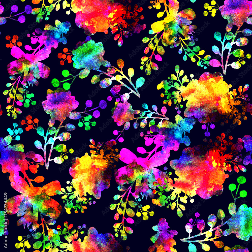 Watercolor Seamless flower red green rainbow doodle on violet background pattern. Hand drawn elements. Bright art for textile, wallpaper. Vintage texture. Endless print. Watercolor Seamless flower red green rainbow doodle on violet background pattern. Hand drawn elements. Bright art for textile, wallpaper. Vintage texture. Endless print.
