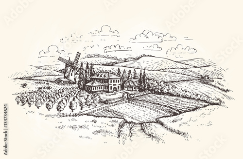 Vintage landscape. Farm, agriculture or wheat field sketch. Vector illustration
