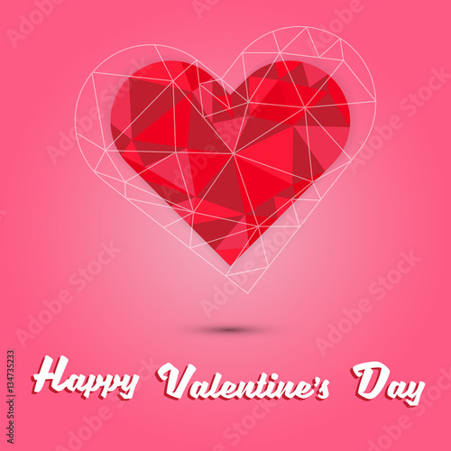happy valentine's day and red heart polygon on pink background