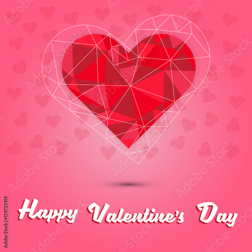 happy valentine's day and red heart polygon on pink heart background