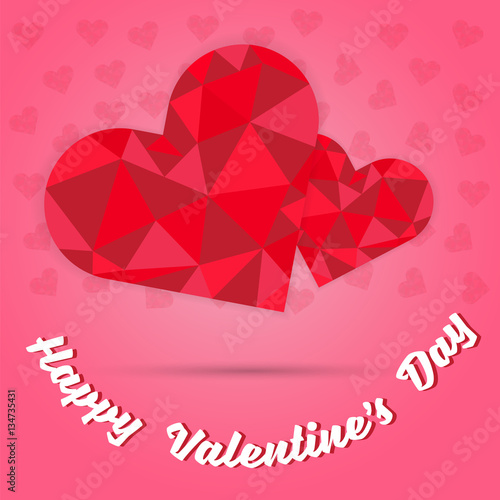 happy valentine's day and two red heart polygon on pink heart background