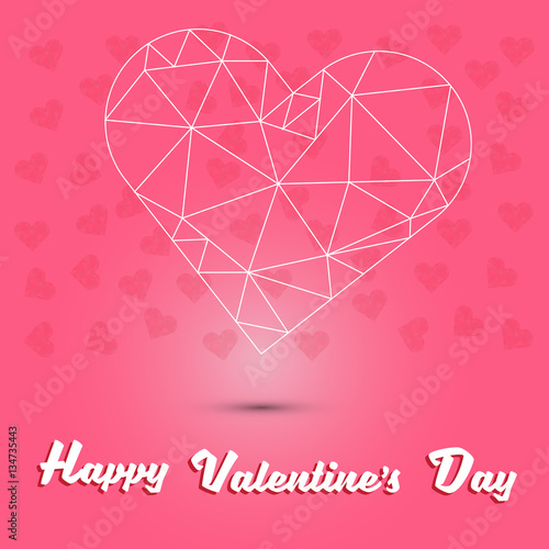 happy valentine's day and white heart polygon on pink heart background