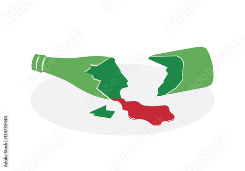 Broken bottle vector. Vector illustration of a broken bottle and spilled wine