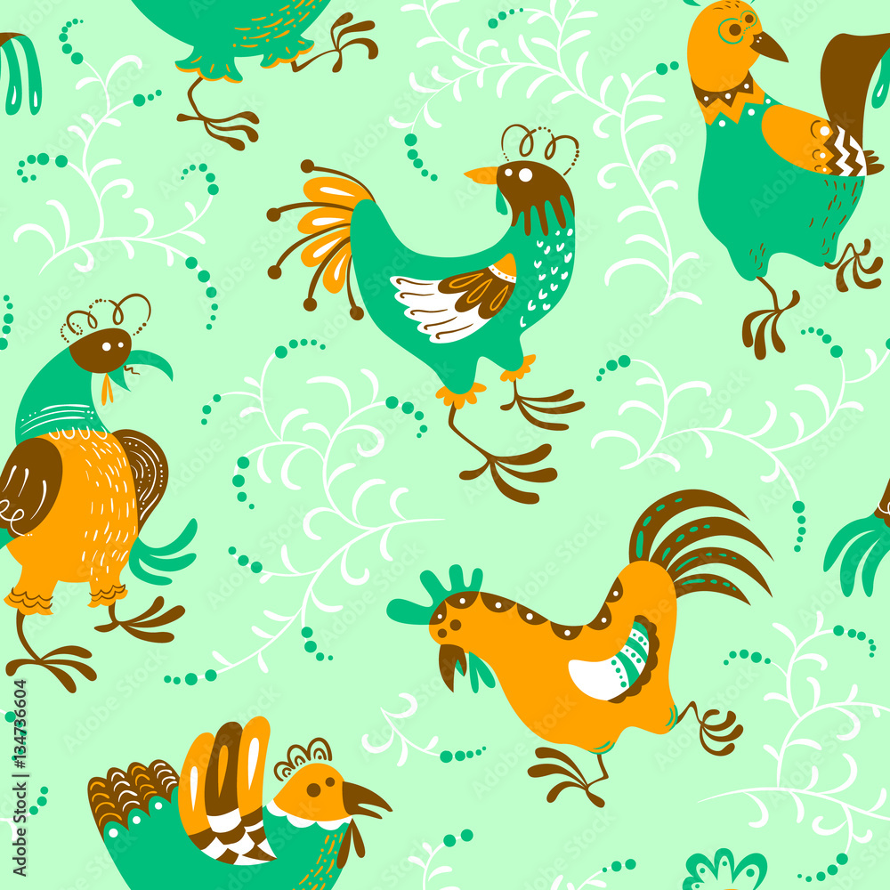 Naklejka Seamless pattern with roosters. Cute decorative floral background